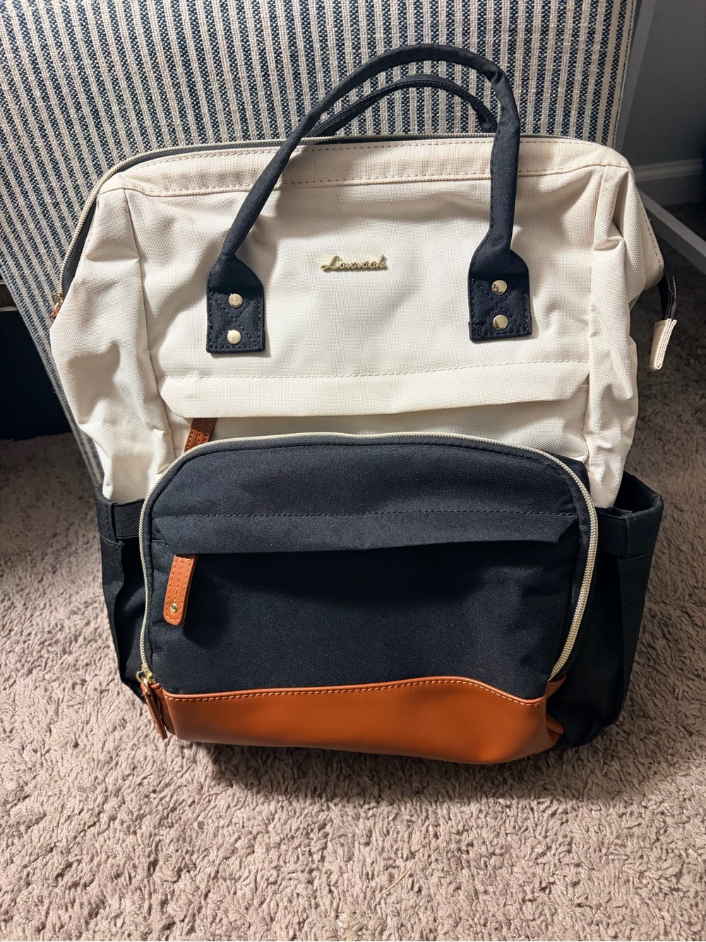 Canvas Colorblock Backpack Tote - Cream, Black & Brown